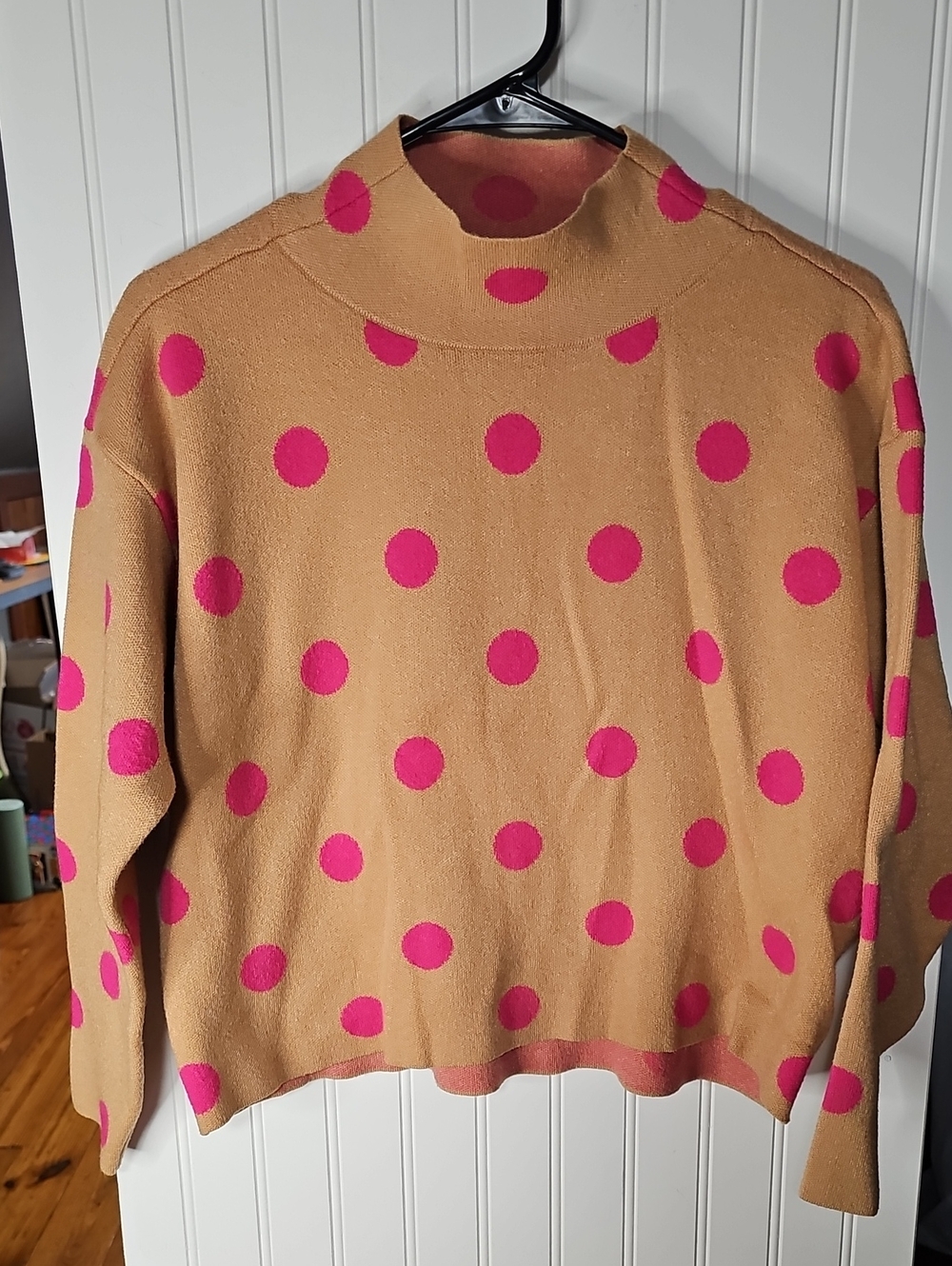 Maeve By Anthropologie Tan Sweater with Hot Pink Polka Dots